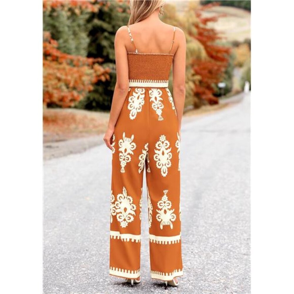 Women's Summer Boho Jumpsuit Spaghetti Strap Wide Leg Pants, Brick Red - Picture 2 of 6